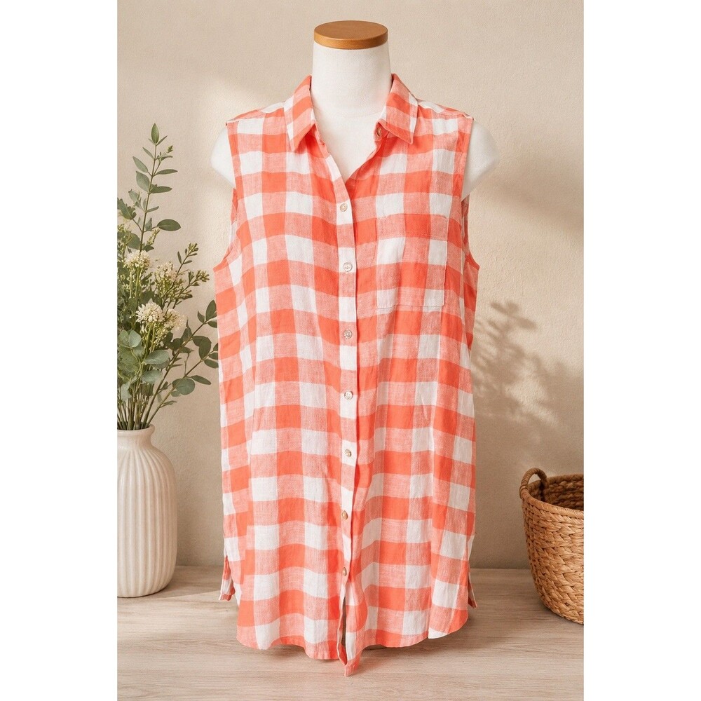 Isaac Mizrahi NY 100% Linen Sleeveless Button Down Shirt Size S Gingham Peach.
